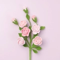 Handmade crochet pink roses and buds bouquet with green leaves on purple background - Barbie Rose Branch / Gradient Pink