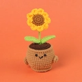 Close-up of handmade crochet sunflower plant with cute smiley face and woven textures - Small Sunflower (Chubby Cartoon Pot)