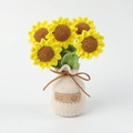 Close-up of handmade crochet sunflower pot with 5 yellow flowers and Hand Made leather label - Sunflower Potted Plant (Yarn Vase Base)