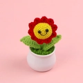 Handmade crochet sunflower plant in white pot with red petals and smiling face - Red Single Head