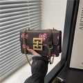 Vintage retro brown cherry print crossbody chain bag with golden buckle for women - Black
