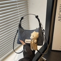 Blue denim square crossbody bag with teddy bear pendant and black leather strap - With Pendant / Black