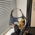 Vintage denim square shoulder bag with leather straps and cute bear charm accessory - With Pendant / Brown