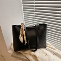 Classic black PU leather tote bag with vintage printed scarf on handle for daily commute - Black