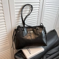 Retro black PU leather multi-functional backpack with metallic logo and drawstring detail - Black