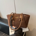 Brown leopard print tote bag in suede texture with brown leather straps and charms - Single Bag / Brown