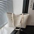 Minimalist beige corduroy tote bag with leather straps and logo patch for daily commute - Off White