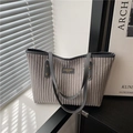 Grey corduroy large capacity tote bag with long straps and stylish brand patch for women - Gray