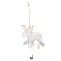 White vintage wooden reindeer ornament with lace bow and bell for Christmas decor - Elk