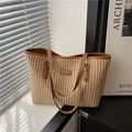 Minimalist corduroy tote bag in beige with brown leather straps for work commute - Brown