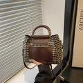 Vintage-Handtasche mit Hahnentrittmuster, Kaffeebraunem Leder und Rundgriffen - Braun