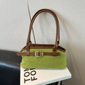 Retro green suede shoulder bag with brown leather straps and gold buckle detail - Green