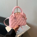 Pink glossy patent leather shell bag with quilted texture and golden hardware details - Pink