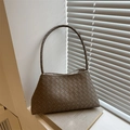 Taupe woven leather shoulder bag with chic checkered texture and slim strap for women - Khaki