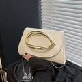 Chic cream leather evening box bag with bold gold C-handle and elegant chain strap - White