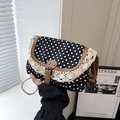 Retro canvas shoulder bag with black polka dots and delicate lace trim detail - Black