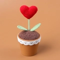 Handmade crochet red heart potted plant ornament with green leaves and lace bowl - Heart Shape Pot / Red Heart