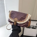 Brown polka dot crossbody bag with lace trim and vintage buckle shown by a model - Red