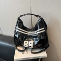 Y2K style black patent leather shoulder bag with white 89 embroidery and retro sporty design - Black