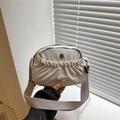 Chic beige pleated crossbody bag in durable nylon with metal logo and wide strap - Gray