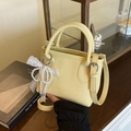 Yellow pebble leather bucket bag with white lace bow and pearl pendant charm - Without Silk Scarf / Yellow