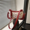 Elegante borsa a tracolla bianca con stampa ciliegie e dettagli fiocco in pelle rossa - Rosso