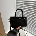 Elegant black PU leather mini square handbag with dual handles and slim shoulder strap - Black
