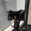 Retro black patent leather underarm bag with glossy finish and gold metal buckle - Black