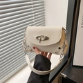 Minimalist cream white textured leather shoulder bag with chic silver buckle and chain strap - White