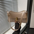 Chic beige patent leather saddle bag with gold metal buckle and adjustable strap - Khaki