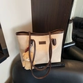 Beige tote bag with brown straps and cute bear charm, elegant vintage fashion style - Single Bag / White