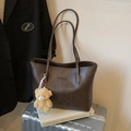 Retro dark brown tote bag with bear charm on silver suitcase, chic travel style - Single Bag / Brown