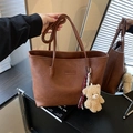 Retro brown faux leather tote bag with fashion lettering and cute bear charm accessory - Single Bag / Brown