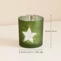 Green frosted glass Christmas candle holder with white star pattern and dimensions - Frosted Green Candlestick with Star Pattern (HG18-840 Green)