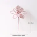 Pink sheer mesh Christmas flower decoration with glitter petals and beads on a stem - Pink Beaded Style (251231S)