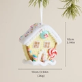 Lebkuchenhaus-Weihnachtsschmuck mit bunten Zuckerstangen und Schneekruste - Gelbes Haus Stil B