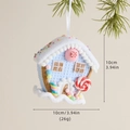 Blaues Lebkuchenhaus Weihnachtsanhänger mit Zuckerstangen-Dekor und weißem Dach 10cm - Blaues Haus Stil B