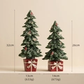 Green resin Christmas trees with red gift box bases and silver bow decorations - Set of 2 Christmas Trees