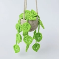 Close-up of handmade crochet hanging plant with green leaves and a small white pot - Heart Leaves / Green Heart Leaves (White Pot)