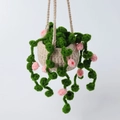 Handmade crochet hanging plant with green vines and pink flowers for car rearview mirror - Pink Flower / Green Leaves Pink Flower (White Pot)