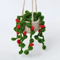 Handmade crochet hanging plant with green vines and red berries in a beige basket - Red Flower / Green Leaves Red Flower (White Pot)
