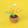 Detailed view of handmade yellow crochet tulip potted plant with intricate knit texture - Double Head Lily of the Valley (Small Yarn Pot) / Yellow