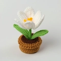 Handmade crochet white tulip potted plant with yellow flower core and green knitted leaves - White - Flowering Tulip Potted Plant (Small Yarn Pot)