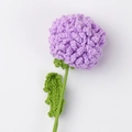 Detailed view of handmade crochet purple pompon chrysanthemum with green knit leaves - Ping Pong Chrysanthemum Stem / Purple