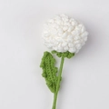 Detailed close-up of handmade crochet pompon mum flower with green stem and soft petals - Ping Pong Chrysanthemum Stem / White