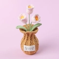 Detail of three handmade crochet pink tulips in a textured vase with handmade label - 3 Heads Lily of the Valley Brown Vase - Pink