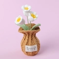 Detail of handmade crochet white flowers in a potted vase with Handmade with Love label - 3 Heads Lily of the Valley Brown Vase - White