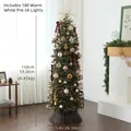 5ft Pre-lit pencil Christmas tree with warm lights and festive champagne ornaments - 150cm Decorated Tree Set (Incl. Ornaments+Fence+180 LEDs)