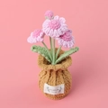 Close-up of handmade crochet pink flower pot with Handmade With Love label on pink base - Pink - 3 Heads Daisy Brown Vase / Pink