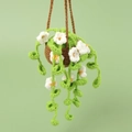 Handmade crochet hanging plant with white flowers and green vines for car mirrors - Green Leaf White Flower Hanging Basket